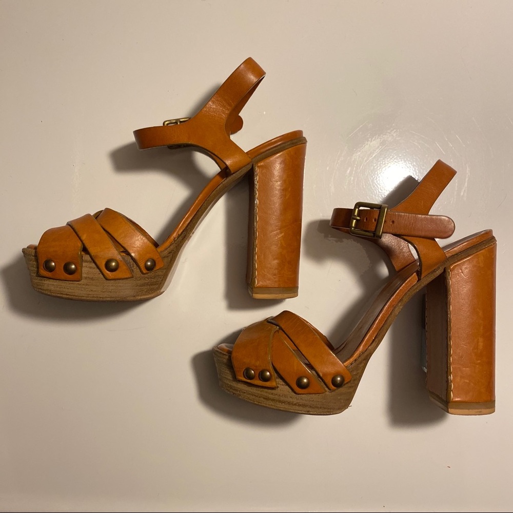 Chloe Clog Cognac Brown Platform Chunky Heels - Picture 4 of 17